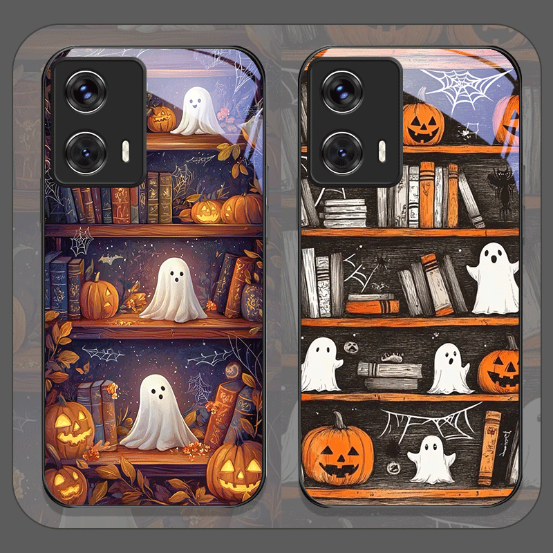 Phone Cases Motorola - Halloween Kürbis Geist Bücherregal Gehärtetes Glas
