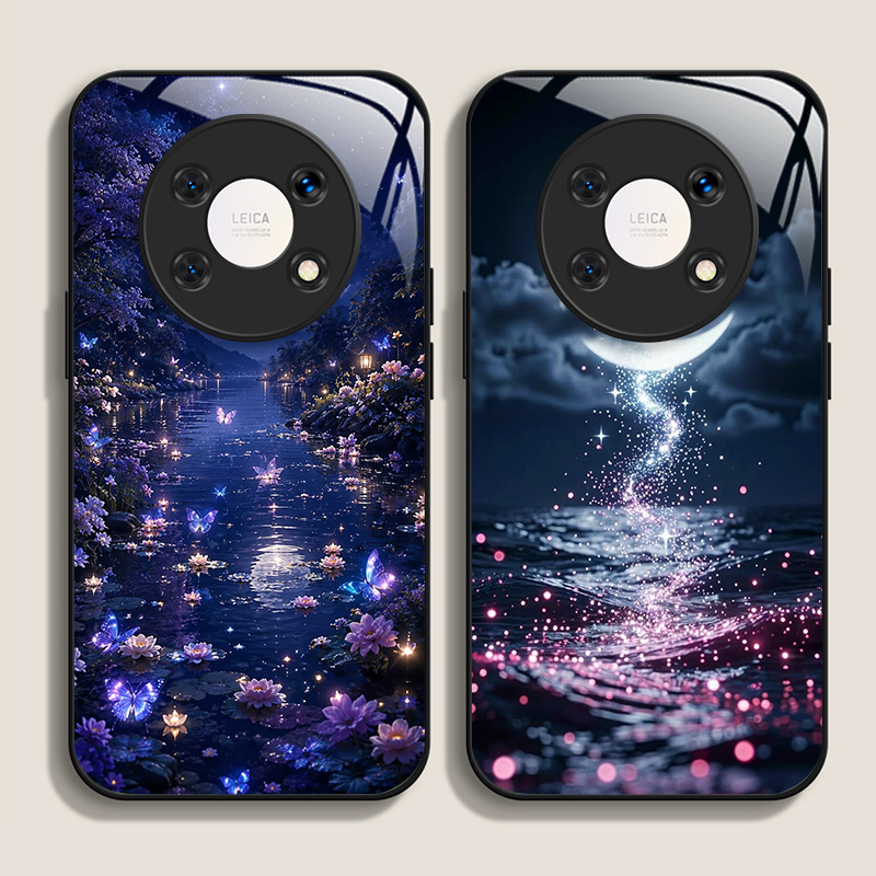 Phone Cases Aesthetic - Ästhetisches Nachtmond-Landschaftsmuster Gehärtetes Glas Handyhülle für